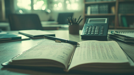 A serene business workspace featuring a calculator, open notepad, and essential office supplies. Ideal for conveying productivity and organization in a professional setting.の素材