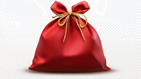 A vibrant red satin bag tied with a golden ribbon bow, perfect for festive occasions. Ideal for holiday gifting, storage, and decorative purposes.の素材