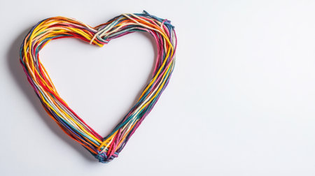 A vibrant arrangement of colorful threads shaped into a heart on a plain background. This creative image evokes feelings of love, joy, and artistic inspiration.の素材