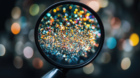 This captivating image showcases vibrant bokeh effects viewed through a magnifying glass, highlighting a sparkling array of colorful glitter.の素材
