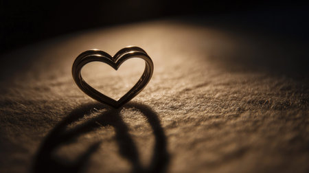 A delicate heart-shaped ring rests on a soft surface, casting a beautiful shadow as light reflects off its polished surface, representing love and elegance.の素材