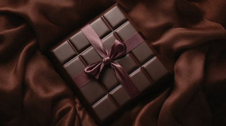 A beautifully wrapped dark chocolate gift box adorned with a satin ribbon rests on soft silk fabric, creating a luxurious and indulgent setting perfect for celebrations.の素材