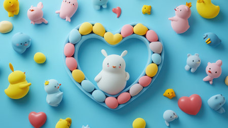 Adorable scene featuring colorful toy figures surrounded by pastel heart-shaped candies. Perfect for cheerful celebrations, showcasing happiness and creativity.の素材