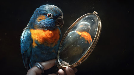 A stunning parrot with vibrant orange and blue feathers gazes into a vintage hand mirror, reflecting its beauty and personality in a serene moment.の素材