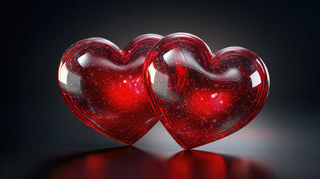 This captivating image showcases two glossy red hearts placed side by side on a dark reflective surface, evoking themes of love and celebration.の素材