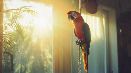 A vibrant parrot perches gracefully near a sunlit window, showcasing its colorful feathers. The warm light creates a serene atmosphere in this indoor setting.の素材