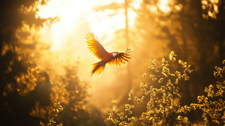 A stunning scarlet macaw soars gracefully through a golden forest, showcasing the vibrant beauty of nature. This captivating image embodies freedom and wildlife in a serene setting.の素材