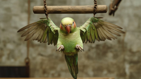 A vibrant parrot with striking green feathers stretches its wings while hanging from a wooden perch. The image captures the bird's playful nature and beauty, ideal for wildlife enthusiasts.の素材