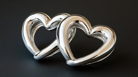 Two elegant silver heart sculptures showcase a modern design, symbolizing love and connection. Their smooth surfaces and shiny finish enhance any decor.の素材