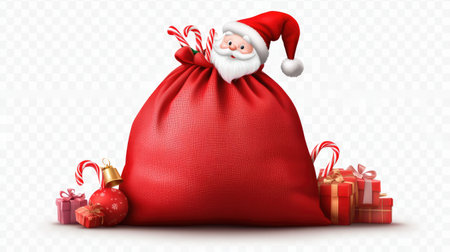 A lively illustration of Santa Claus peeking from a large red bag filled with gifts and candy canes, embodying the joy of the holiday season.の素材
