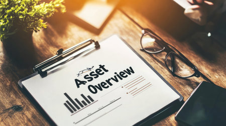 A comprehensive asset overview document displayed on a clipboard, surrounded by essential office items like glasses and a tablet, ideal for business analysis and strategy sessions.の素材
