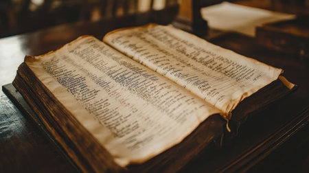 An antique open book displays yellowed pages filled with elegant handwritten text, reflecting a rich history of literature and knowledge through generations.の素材