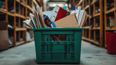 A green plastic basket overflowing with assorted paperwork, documents, and supplies sits in a cluttered storage area, depicting disarray in an office environment.の素材