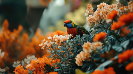 A stunning parrot perches among a lush display of colorful flowers, showcasing the beauty of nature. This vibrant scene captures the essence of wildlife in a tropical habitat.の素材