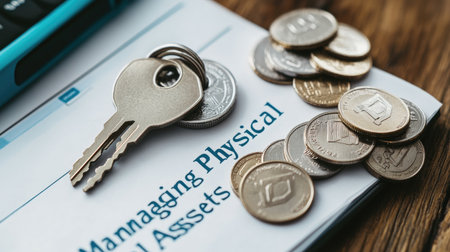 A close-up shot featuring keys on a financial document with scattered coins, illustrating the concept of managing physical assets and their monetary value.の素材