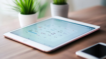 A stylish workspace featuring a tablet and smartphone on a wooden desk, surrounded by potted plants, showcasing a modern and productive environment.の素材
