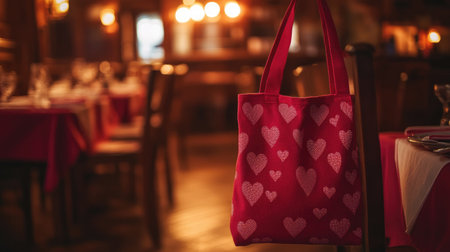 A charming pink tote bag adorned with heart patterns hangs in a cozy restaurant, adding a warm, romantic touch to the inviting atmosphere. Perfect for lifestyle and decor themes.の素材