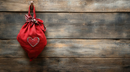 A vibrant red fabric bag with a charming heart design hanging elegantly on a rustic wooden background, perfect for love-themed decor or gifts.の素材