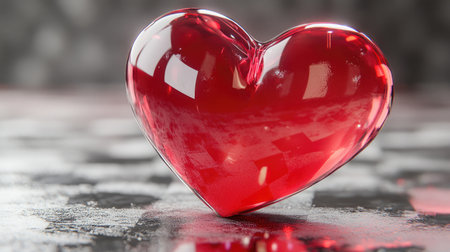A striking shiny red heart sculpture rests on a textured background, perfect for themes of love and romance. Ideal for gift ideas and decorative art.の素材