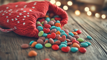 A vibrant scene of colorful heart-shaped candies spilling from a red knit bag onto a rustic wooden table, perfect for celebrating love and joy.の素材