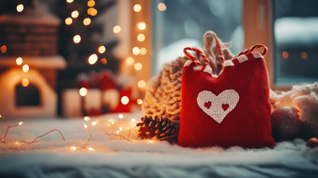 A cozy holiday scene featuring a red gift bag with a heart design, surrounded by pinecones and soft snow, creating a warm and festive atmosphere.の素材