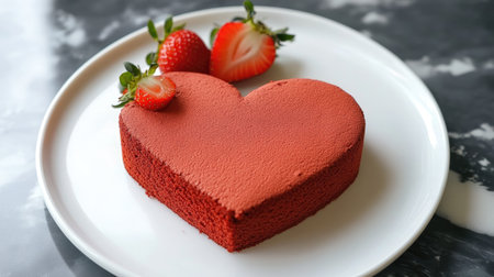 A beautifully crafted heart-shaped red cake topped with fresh strawberries, perfect for celebrations, romantic dinners, or special occasions.の素材