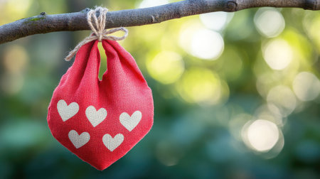 A charming red fabric pouch adorned with white hearts hangs gracefully from a tree branch. This serene outdoor scene evokes feelings of love and warmth, perfect for various occasions.の素材