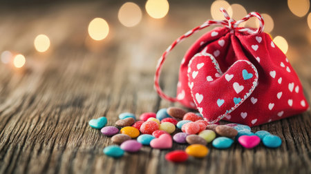 A charming red gift bag adorned with hearts sits on a rustic wooden surface. Surrounding the bag are colorful candies, creating a festive and romantic atmosphere perfect for celebrations.の素材