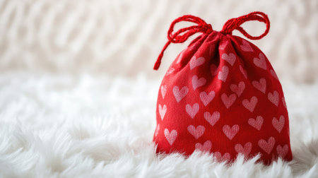 A charming small red bag adorned with white heart patterns, resting on a soft, textured surface. Ideal for romantic gifts, decorations, or festive occasions.の素材