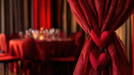 A beautifully arranged intimate dinner setting showcasing romantic red decorations with heart accents, perfect for special celebrations or events.の素材