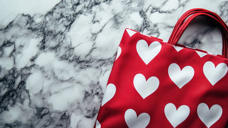 A vibrant red bag adorned with white hearts rests on a marble surface, perfect for romantic themes and celebrations. Ideal for gifts or fashion.の素材