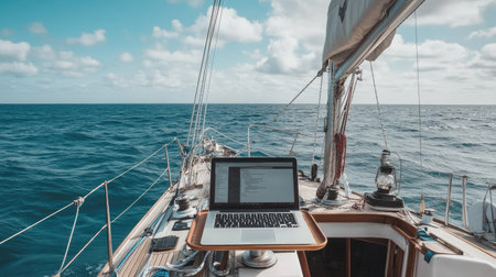 A laptop is set up on the deck of a sailboat, surrounded by blue ocean and fluffy white clouds, creating a perfect remote work environment amidst nature.の素材