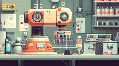 A whimsical and colorful retro robot stands in a laboratory, skillfully mixing vibrant drinks. The setting combines vintage design elements with modern technology, creating a playful and creative atmosphere.の素材