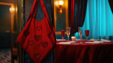 A beautifully arranged romantic dinner scene featuring a red bag with heart patterns. The elegant table is adorned with sparkling wine glasses and soft candlelight, creating an inviting atmosphere perfect for love and celebration.の素材