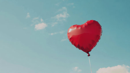 A vivid red heart balloon floats gracefully in a clear blue sky, surrounded by soft clouds. This image symbolizes love and joy, perfect for celebrations.の素材