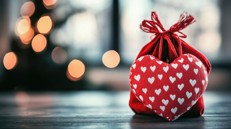 A delightful red fabric heart rests on a small gift bag, capturing the essence of love and warmth. The bokeh background adds a cozy feel to this charming scene.の素材