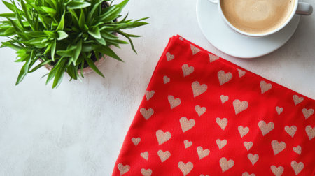 A charming scene featuring a red heart-patterned fabric, a cup of coffee, and a green plant, perfect for conveying love and comfort in a cozy setting.の素材