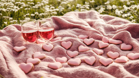 This charming image captures a romantic picnic scene featuring heart-shaped cookies and two glasses of pink wine on a soft blanket amidst flower-filled grass.の素材