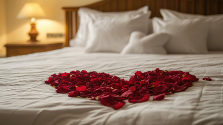 Heart-shaped rose petals are artistically arranged on a bed, creating a romantic atmosphere perfect for a getaway, celebration, or intimate occasion.の素材