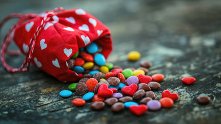 A vibrant red bag with hearts spilling colorful candies on a rustic wooden surface. This delightful scene evokes joy and playfulness, perfect for any celebration.の素材
