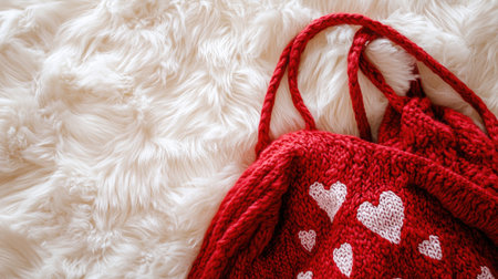 A cozy red knitted bag adorned with heart designs rests on a luxurious soft white fur background, perfect for capturing the essence of warmth and love.の素材