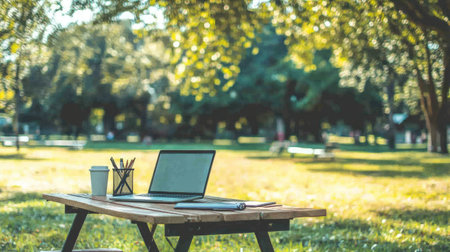 A serene outdoor workspace featuring a laptop and coffee on a wooden table amidst lush greenery in a park. Perfect for inspiration and relaxation.の素材