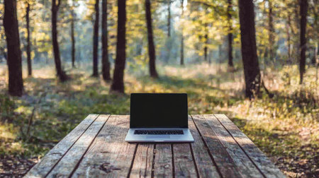 A minimalistic laptop rests on a rustic wooden table in a serene forest setting. The lush green surroundings and sunlight create a perfect outdoor workspace.の素材