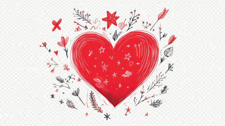 This hand-drawn red heart surrounded by flowers and stars embodies love and warmth. Its whimsical style adds a cheerful touch, perfect for romantic themes.の素材