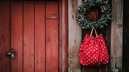 A holiday-themed red bag adorned with hearts hangs gracefully on a rustic wooden door. A festive wreath adds charm to the cozy entrance, perfect for seasonal decorations.の素材