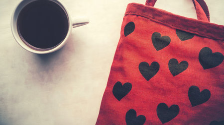 A charming still life featuring a red bag adorned with heart patterns next to a steaming cup of coffee, perfect for a cozy morning atmosphere.の素材