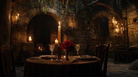 A candlelit table adorned with roses creates a romantic atmosphere in a rustic stone restaurant. Perfect for intimate dinners and special occasions, this enchanting setting invites warmth and charm.の素材