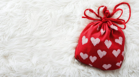 A charming red fabric bag decorated with white heart patterns, resting on a soft white background. Ideal for romantic gifts and festive occasions.の素材