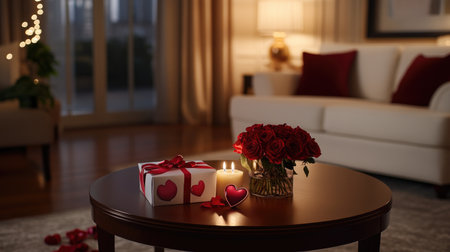 A cozy living room scene showcasing a romantic gift with red roses and a candle, creating a warm and inviting atmosphere perfect for a special occasion.の素材