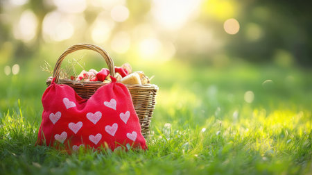 A vibrant heart-patterned bag sits beside a woven basket in a sunlit green field, evoking feelings of warmth, love, and tranquility in a natural setting.の素材